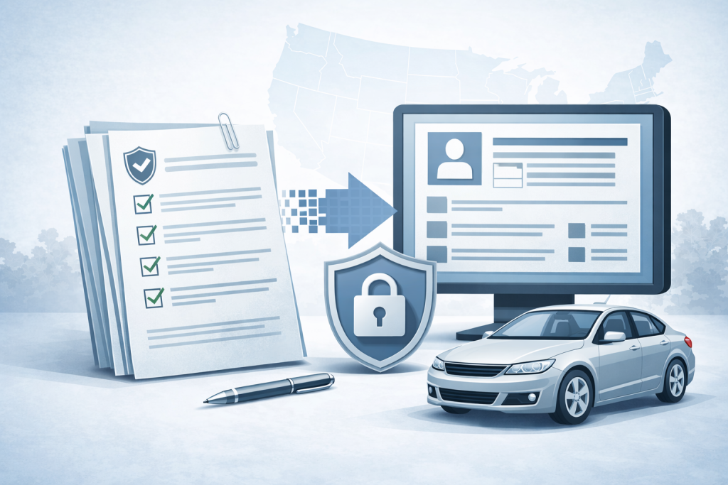 Illustration showing the SR-22 insurance filing process with official documents and digital submission elements.