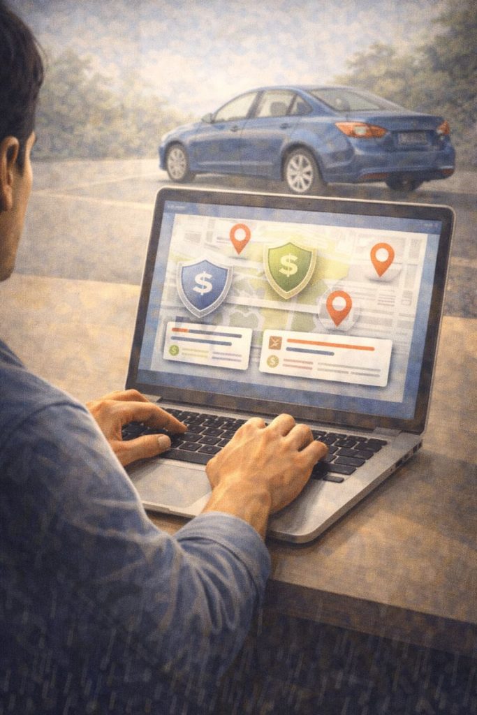 Illustration showing a driver comparing affordable SR-22 insurance options using local providers.